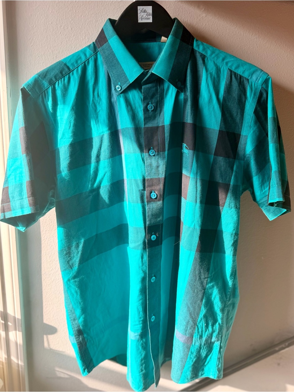 Burberry Teal and Black Plaid Short-Sleeve Button-Down Shirt